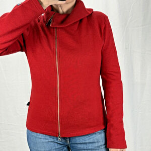 Kuhl Womens Asymmetrical Full Zip Prague Sweater Jacket Size L Red Merino Wool